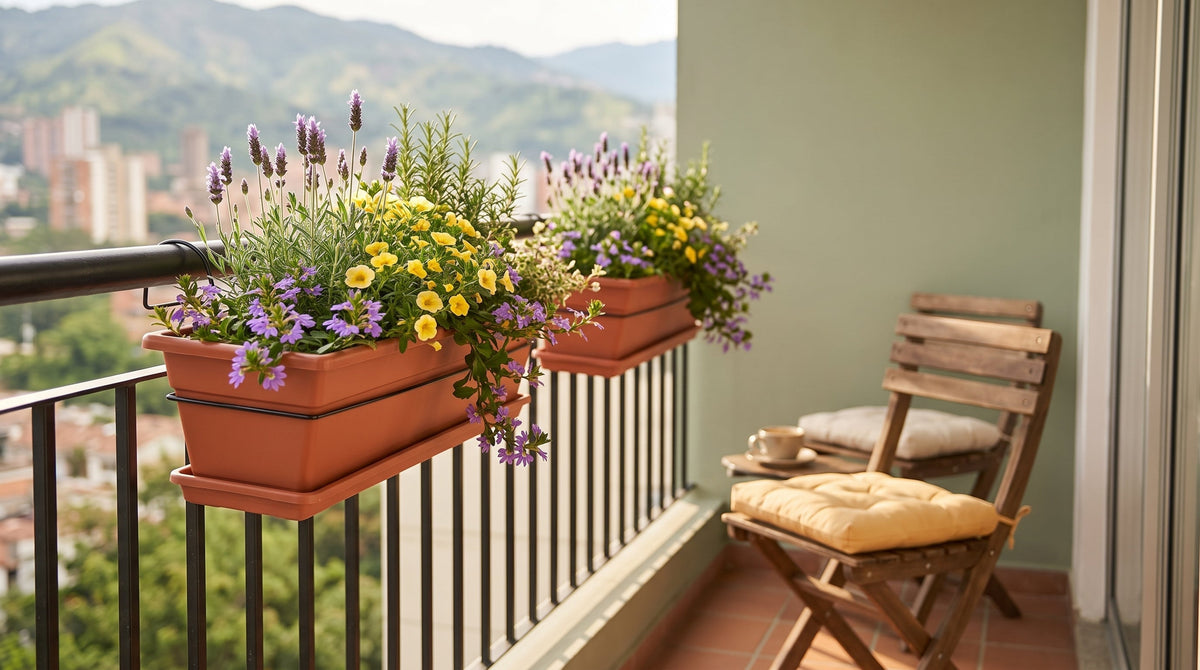 Jardineras plásticas terracota con flores y lavanda colgadas en la baranda de un balcón de apartamento en Medellín