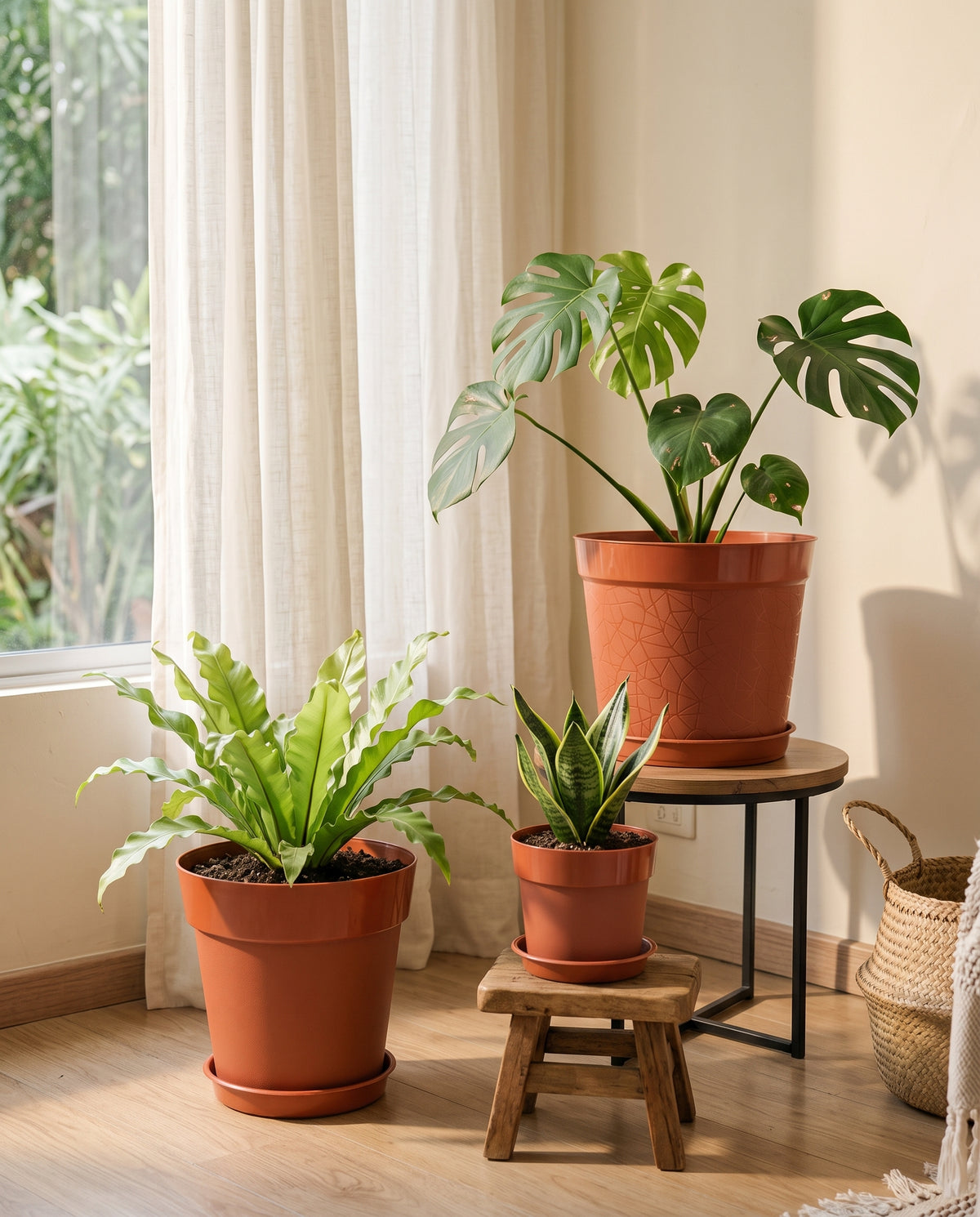Materas terracota con plantas en una sala