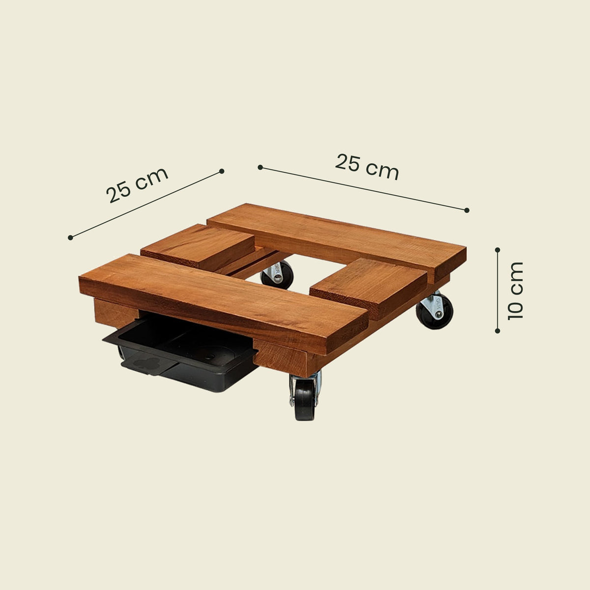 Medidas base de madera cuadrada con ruedas 25 cm – Plantho.co